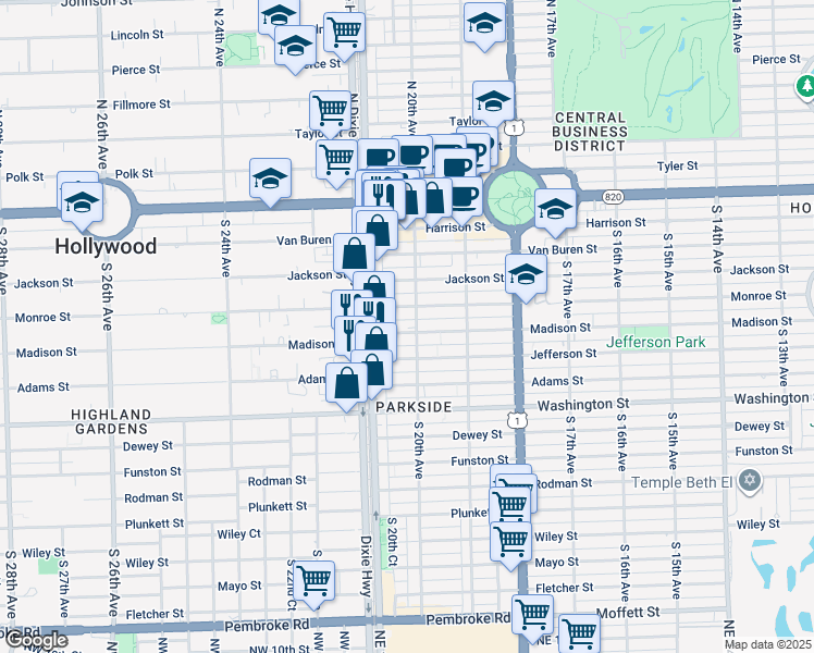 map of restaurants, bars, coffee shops, grocery stores, and more near 2037 Madison Street in Hollywood