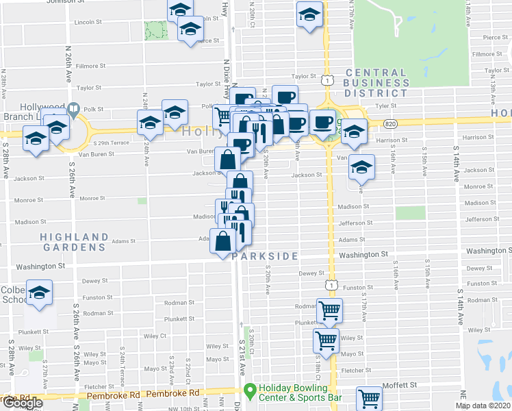map of restaurants, bars, coffee shops, grocery stores, and more near 2037 Madison Street in Hollywood