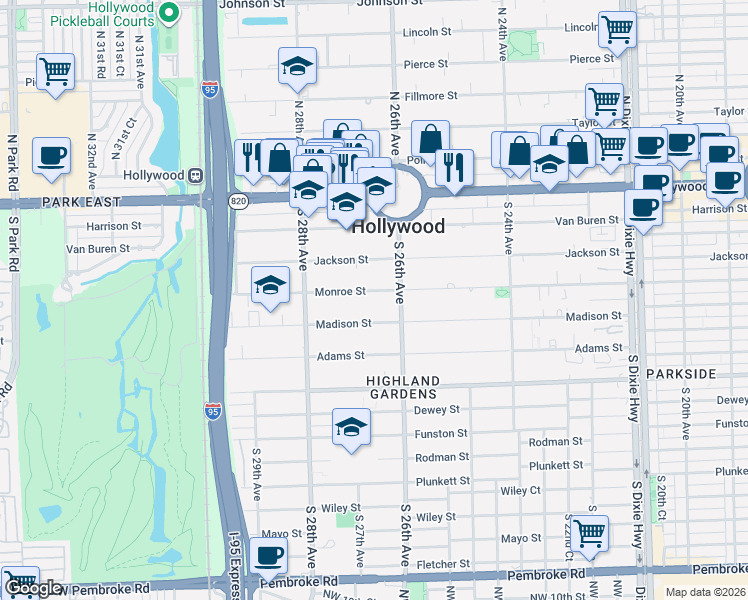 map of restaurants, bars, coffee shops, grocery stores, and more near 2630 Monroe Street in Hollywood
