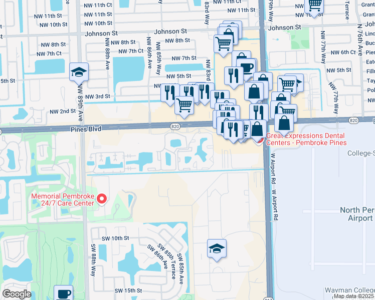 map of restaurants, bars, coffee shops, grocery stores, and more near 321 Southwest 3rd Court in Pembroke Pines