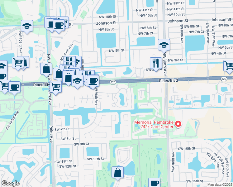 map of restaurants, bars, coffee shops, grocery stores, and more near 250 Southwest 1st Street in Pembroke Pines
