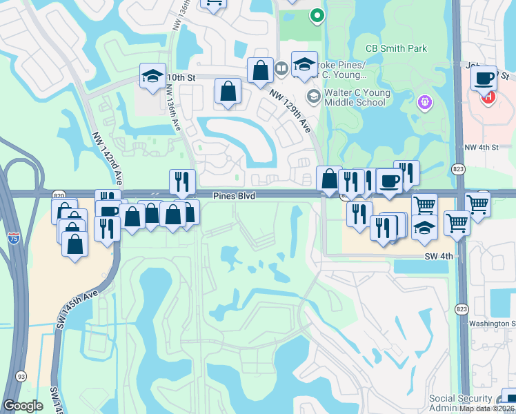 map of restaurants, bars, coffee shops, grocery stores, and more near 13350 Southwest 1st Street in Pembroke Pines