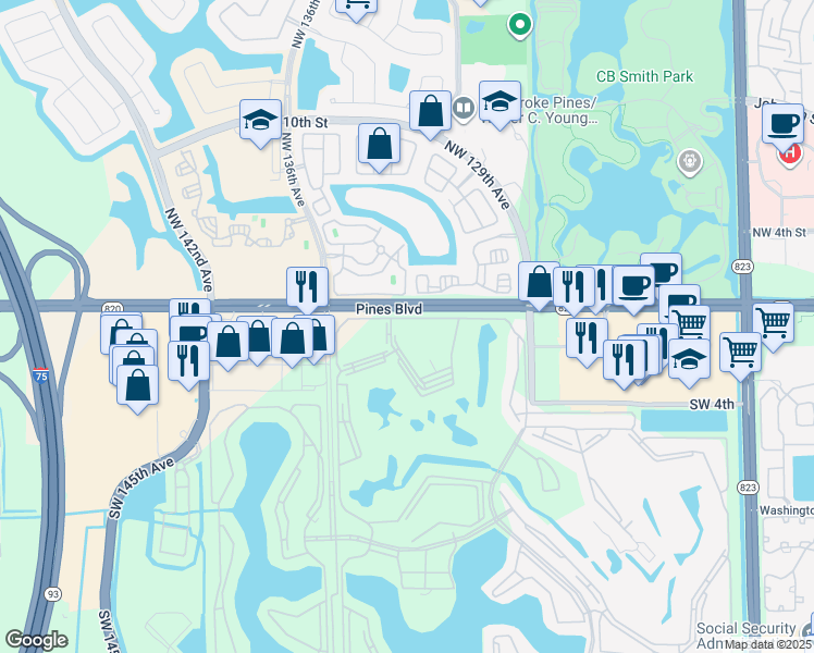 map of restaurants, bars, coffee shops, grocery stores, and more near 13350 Southwest 1st Street in Pembroke Pines