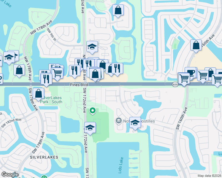 map of restaurants, bars, coffee shops, grocery stores, and more near 16863 Southwest 1st Street in Pembroke Pines