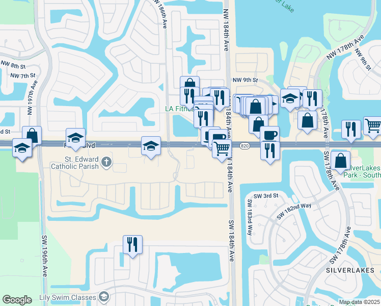 map of restaurants, bars, coffee shops, grocery stores, and more near 150 Southwest 185th Terrace in Pembroke Pines