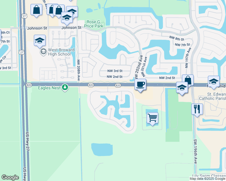 map of restaurants, bars, coffee shops, grocery stores, and more near 20471 Southwest 1st Street in Pembroke Pines