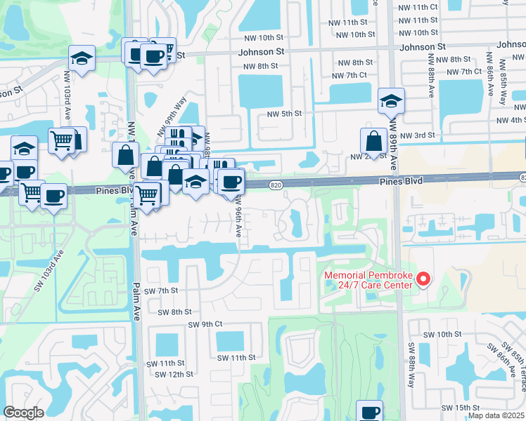 map of restaurants, bars, coffee shops, grocery stores, and more near 417 Palm Circle in Pembroke Pines