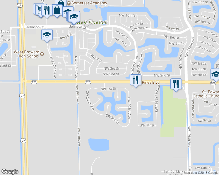 map of restaurants, bars, coffee shops, grocery stores, and more near 20471 Southwest 1st Street in Hollywood