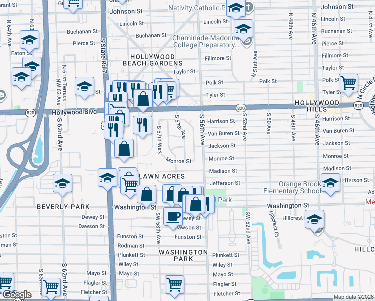 map of restaurants, bars, coffee shops, grocery stores, and more near 403 South 57th Avenue in Hollywood