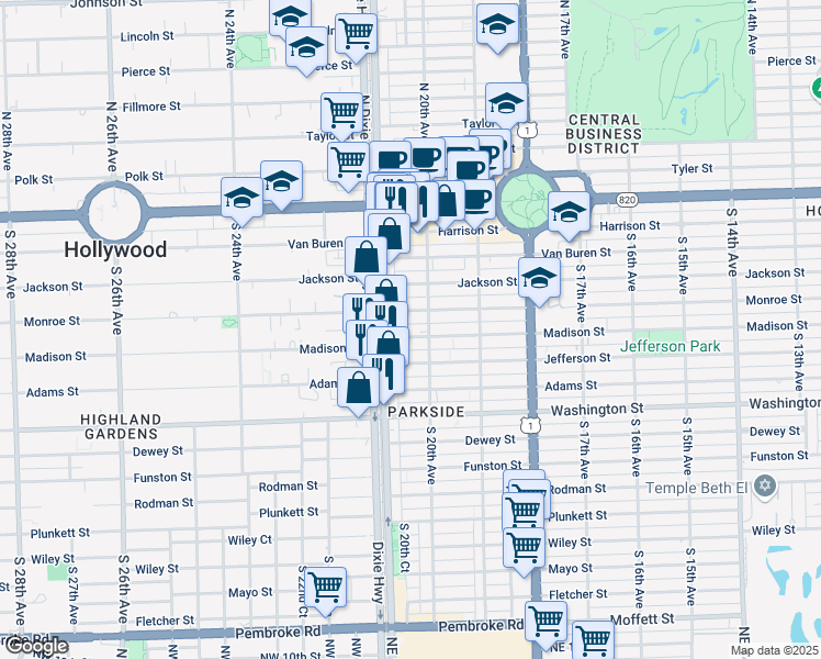 map of restaurants, bars, coffee shops, grocery stores, and more near 2037 Madison Street in Hollywood