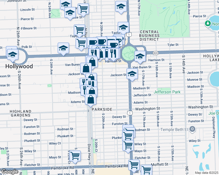 map of restaurants, bars, coffee shops, grocery stores, and more near 1951 Madison Street in Hollywood