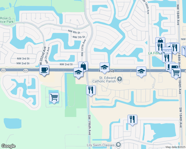 map of restaurants, bars, coffee shops, grocery stores, and more near 19550 Pines Boulevard in Pembroke Pines