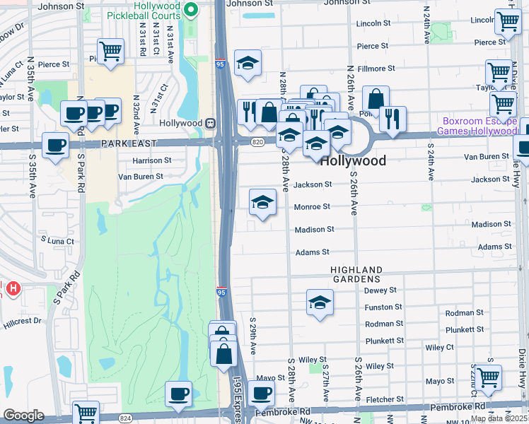 map of restaurants, bars, coffee shops, grocery stores, and more near 2836 Monroe Street in Hollywood