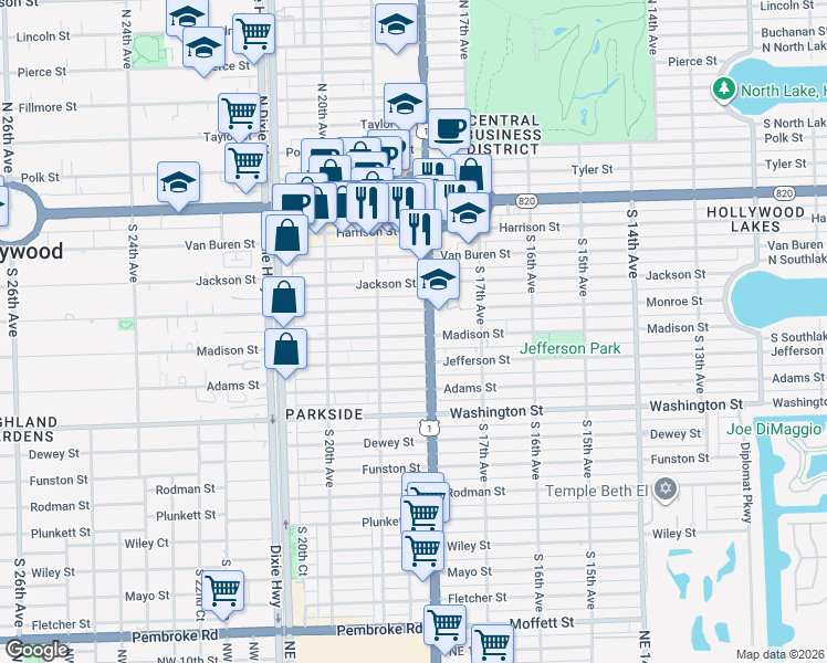 map of restaurants, bars, coffee shops, grocery stores, and more near 1813 Madison Street in Hollywood