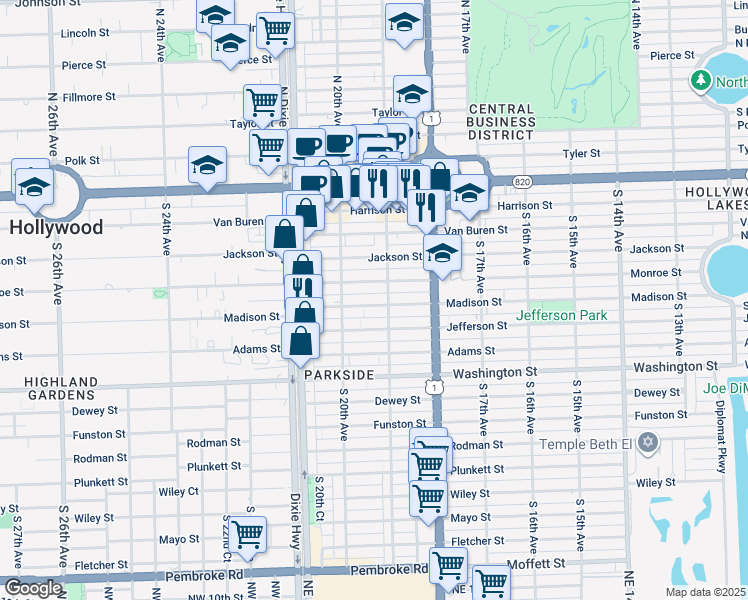 map of restaurants, bars, coffee shops, grocery stores, and more near 1925 Madison Street in Hollywood