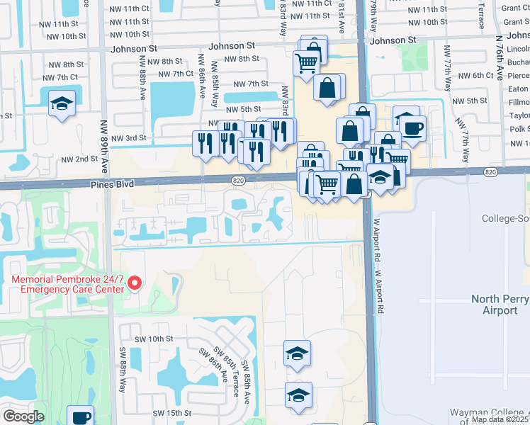 map of restaurants, bars, coffee shops, grocery stores, and more near 321 Southwest 84th Avenue in Pembroke Pines