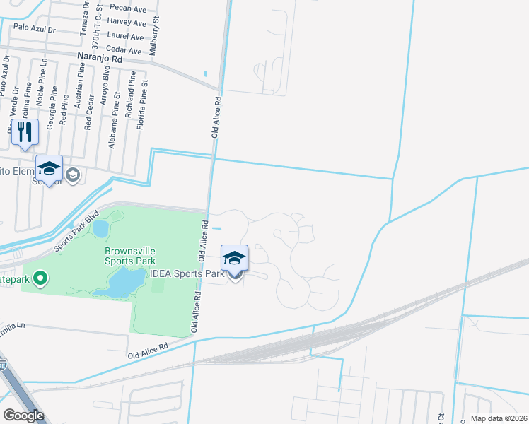 map of restaurants, bars, coffee shops, grocery stores, and more near Old Alice Road in Brownsville