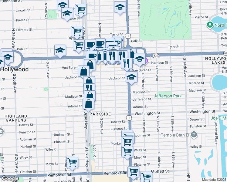 map of restaurants, bars, coffee shops, grocery stores, and more near 520 South 19th Avenue in Hollywood