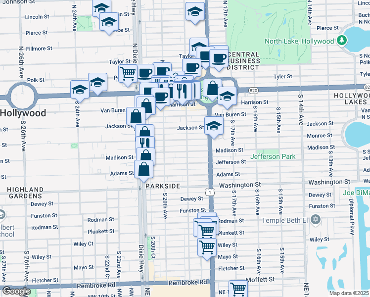 map of restaurants, bars, coffee shops, grocery stores, and more near 520 South 19th Avenue in Hollywood
