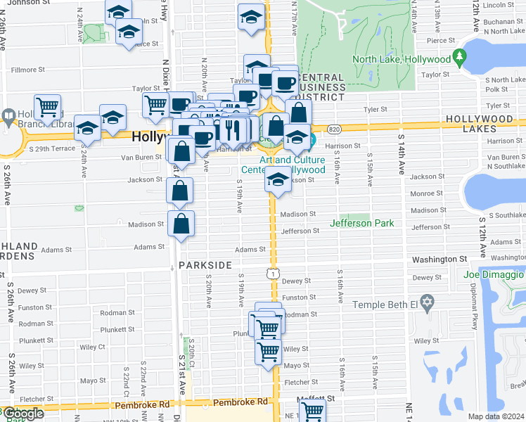 map of restaurants, bars, coffee shops, grocery stores, and more near 1813 Madison Street in Hollywood