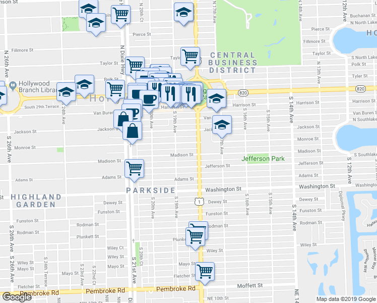 map of restaurants, bars, coffee shops, grocery stores, and more near 1813 Madison Street in Hollywood