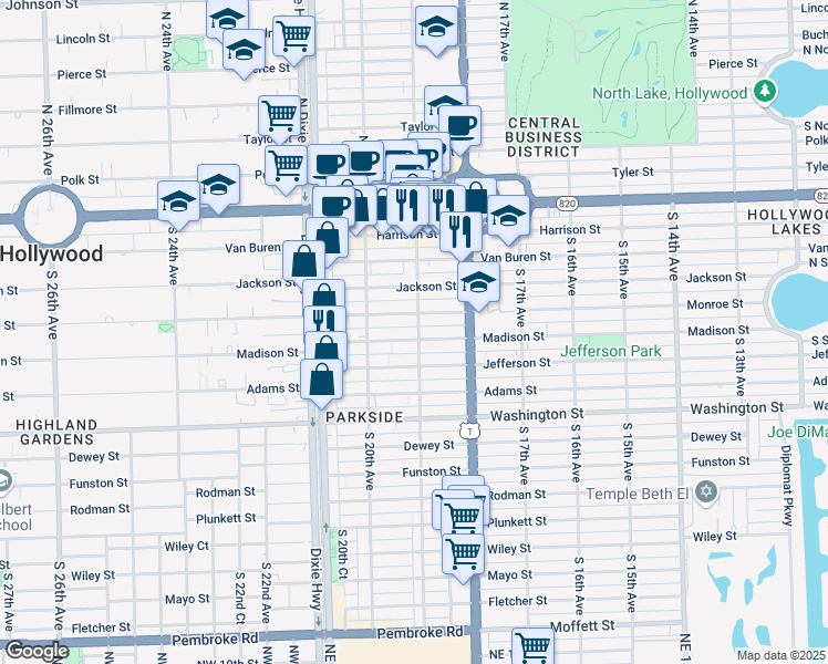 map of restaurants, bars, coffee shops, grocery stores, and more near 520 South 19th Avenue in Hollywood