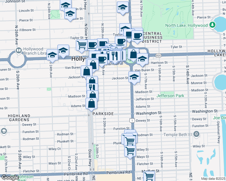 map of restaurants, bars, coffee shops, grocery stores, and more near 520 South 19th Avenue in Hollywood