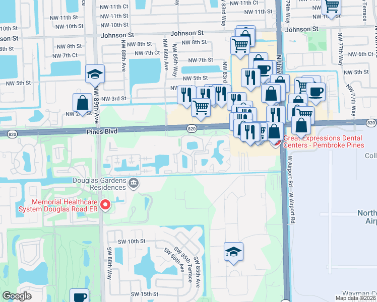 map of restaurants, bars, coffee shops, grocery stores, and more near 302 Southwest 85th Way in Pembroke Pines
