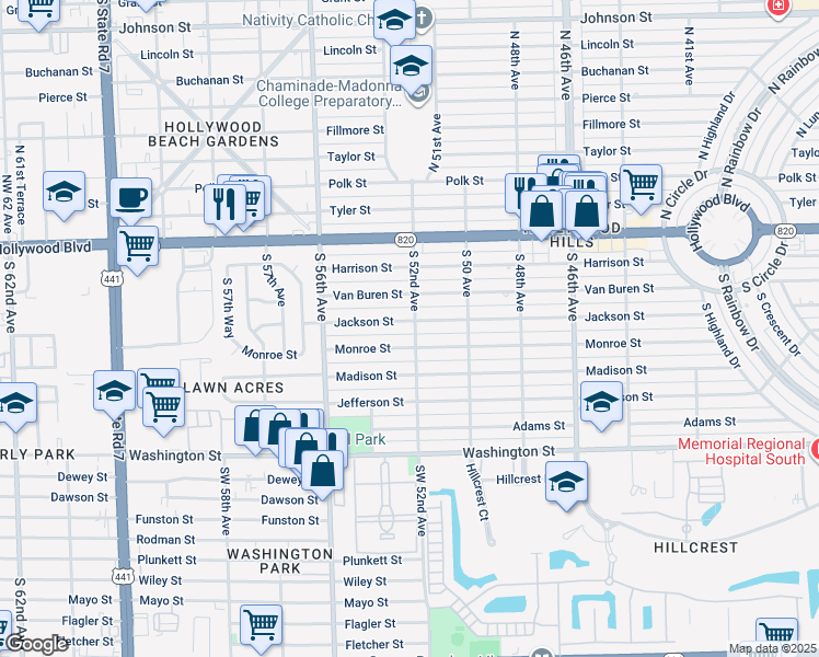 map of restaurants, bars, coffee shops, grocery stores, and more near 5200 Jackson Street in Hollywood