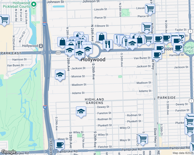 map of restaurants, bars, coffee shops, grocery stores, and more near 2542 Monroe Street in Hollywood