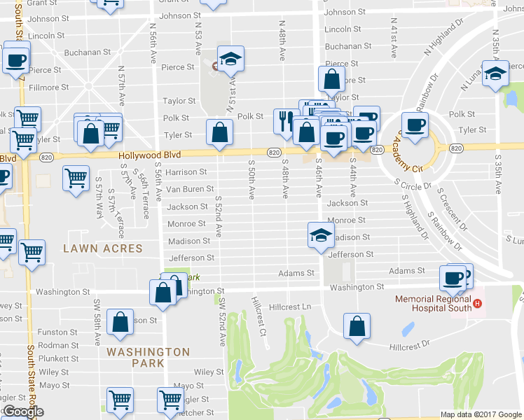 map of restaurants, bars, coffee shops, grocery stores, and more near 4920 Jackson Street in Hollywood