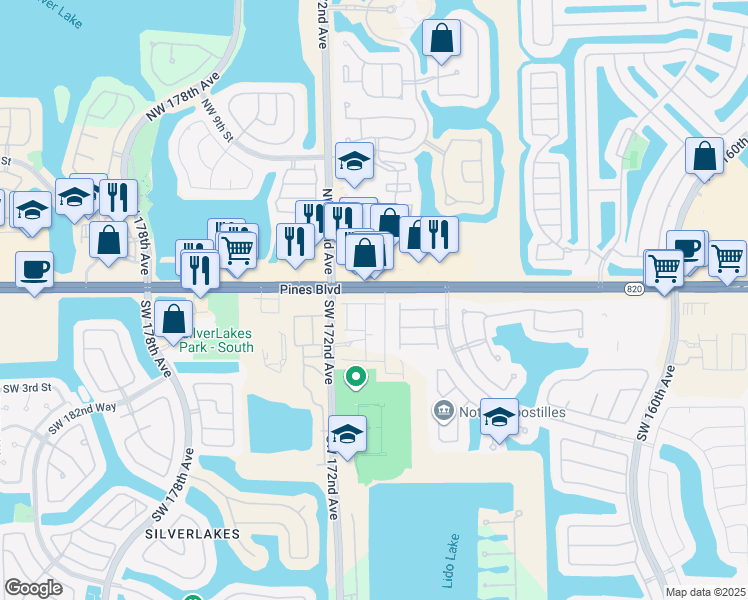 map of restaurants, bars, coffee shops, grocery stores, and more near 102 Southwest 169th Avenue in Pembroke Pines