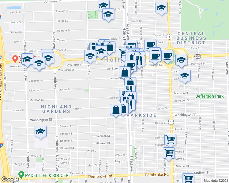 map of restaurants, bars, coffee shops, grocery stores, and more near 2143 Monroe Terrace in Hollywood