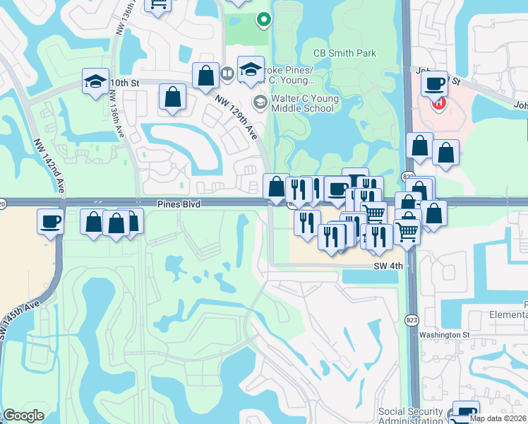 map of restaurants, bars, coffee shops, grocery stores, and more near 13000 Pines Boulevard in Pembroke Pines