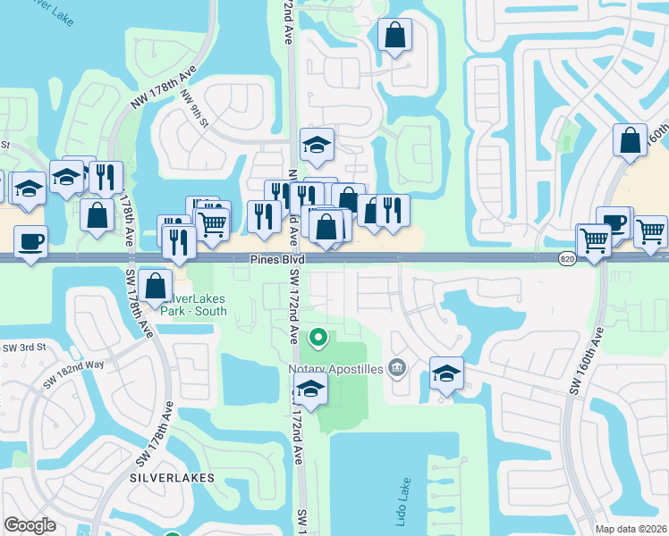 map of restaurants, bars, coffee shops, grocery stores, and more near 102 Southwest 169th Avenue in Pembroke Pines