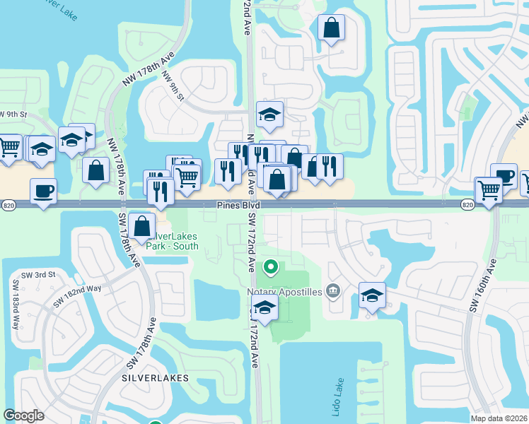 map of restaurants, bars, coffee shops, grocery stores, and more near in Pembroke Pines