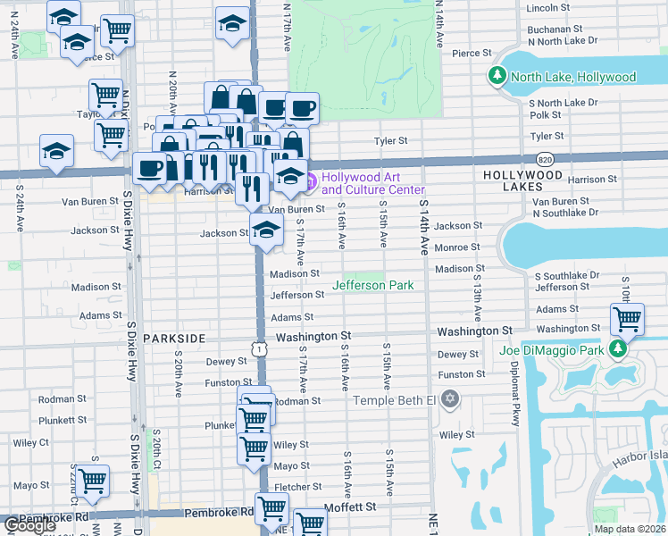 map of restaurants, bars, coffee shops, grocery stores, and more near 1605 Madison Street in Hollywood