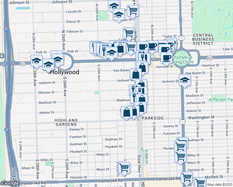 map of restaurants, bars, coffee shops, grocery stores, and more near 2242-2246 Monroe Street in Hollywood