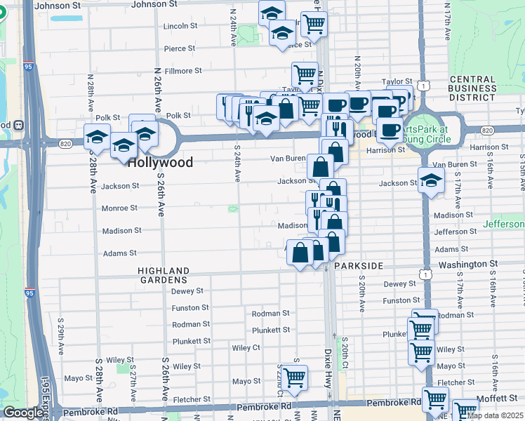 map of restaurants, bars, coffee shops, grocery stores, and more near 2242-2246 Monroe Street in Hollywood