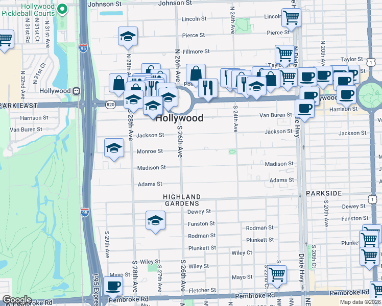 map of restaurants, bars, coffee shops, grocery stores, and more near 2542 Monroe Street in Hollywood