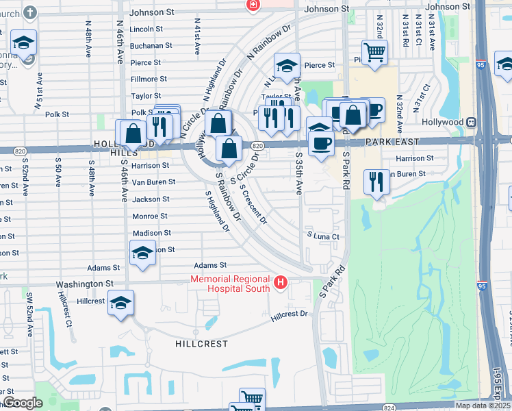 map of restaurants, bars, coffee shops, grocery stores, and more near 210 South Highland Court in Hollywood
