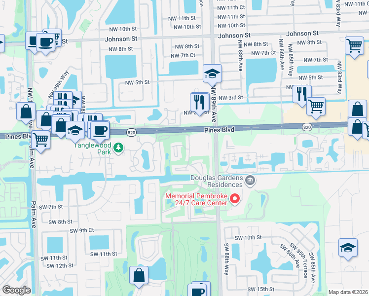 map of restaurants, bars, coffee shops, grocery stores, and more near 281 South Hollybrook Drive in Pembroke Pines