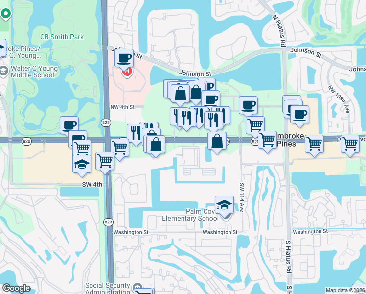 map of restaurants, bars, coffee shops, grocery stores, and more near 102 Southwest 117th Terrace in Pembroke Pines
