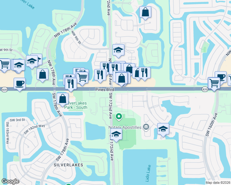 map of restaurants, bars, coffee shops, grocery stores, and more near in Pembroke Pines