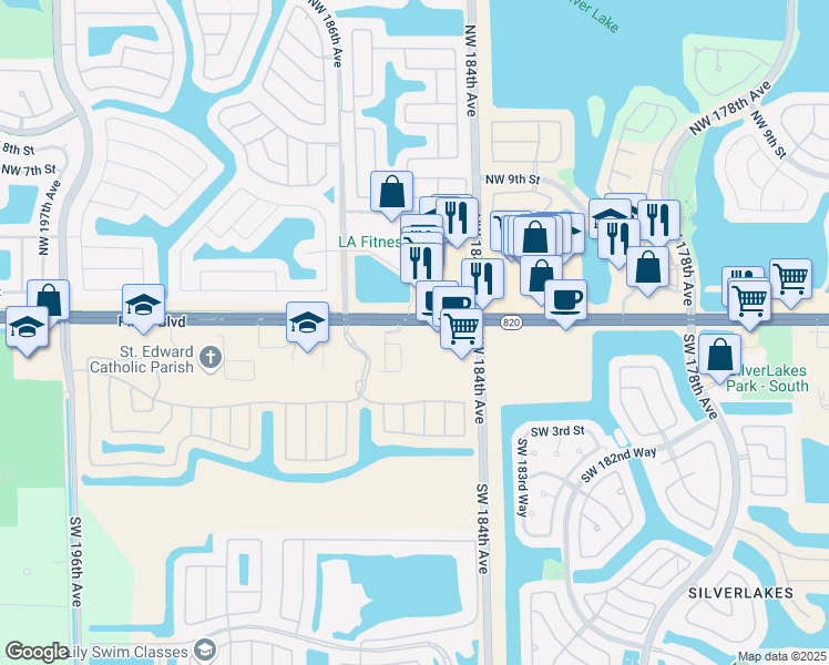map of restaurants, bars, coffee shops, grocery stores, and more near 150 Southwest 185th Terrace in Pembroke Pines