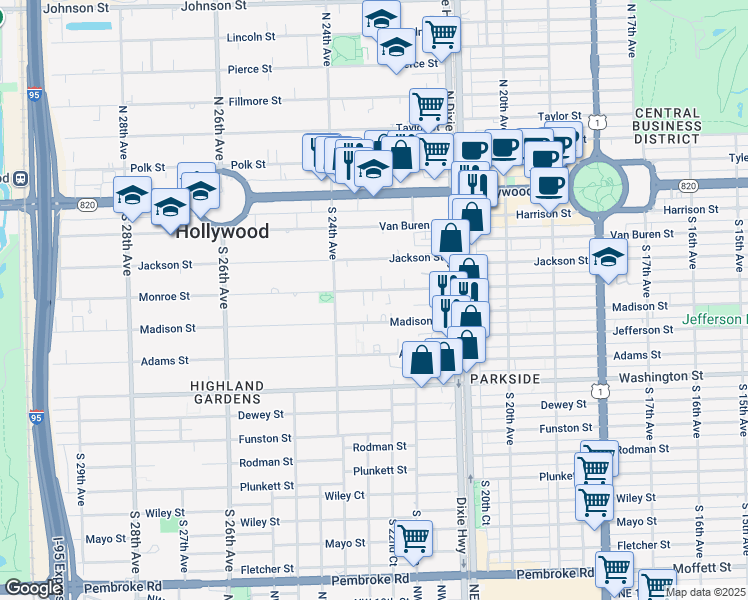 map of restaurants, bars, coffee shops, grocery stores, and more near 2242-2246 Monroe Street in Hollywood