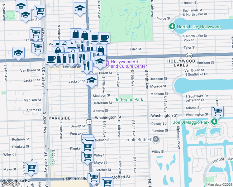 map of restaurants, bars, coffee shops, grocery stores, and more near 1605 Madison Street in Hollywood