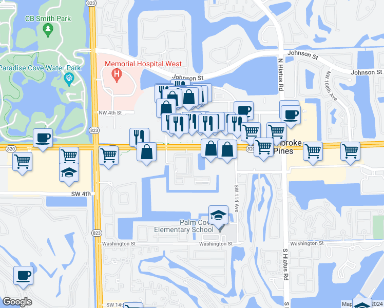 map of restaurants, bars, coffee shops, grocery stores, and more near 20 Southwest 117th Avenue in Pembroke Pines