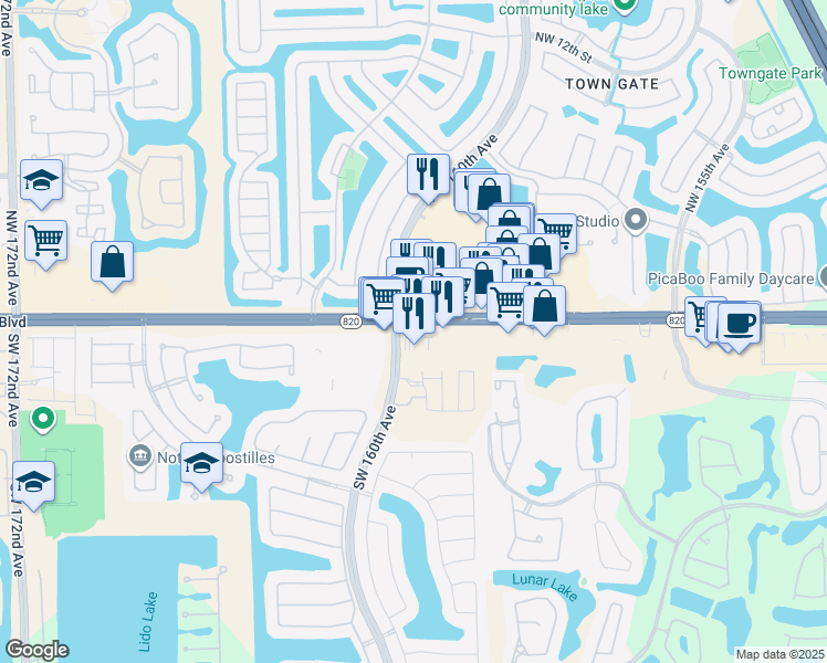 map of restaurants, bars, coffee shops, grocery stores, and more near 16040 Pines Boulevard in Pembroke Pines