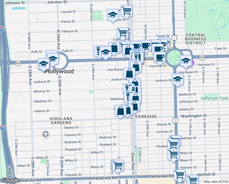 map of restaurants, bars, coffee shops, grocery stores, and more near 2143 Monroe Terrace in Hollywood